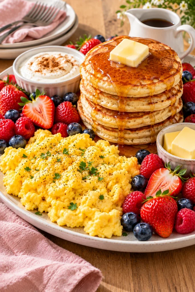 Sweet and savory breakfast platter with fluffy mini pancakes, scrambled eggs, fresh strawberries, blueberries, raspberries, Greek yogurt, cinnamon, and maple syrup for weekend brunch.
