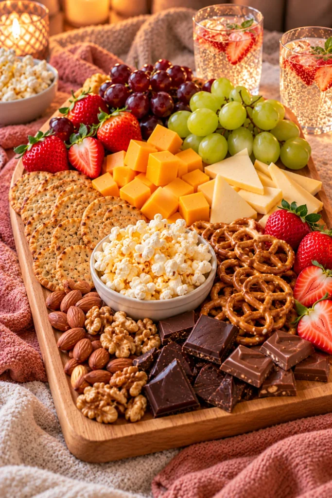 Sweet and savory romantic charcuterie board for a picnic or movie night with cheddar cubes, fresh strawberries, grapes, crackers, popcorn, pretzels, chocolate, and nuts.