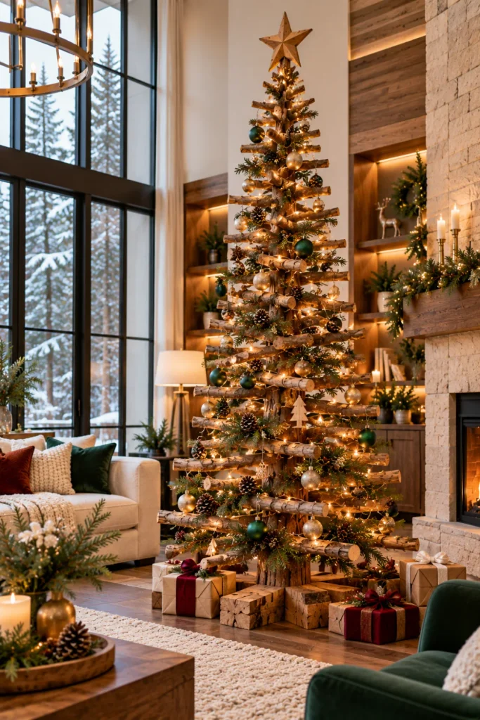 Tall rustic branch and log Christmas tree with warm fairy lights and natural woodland ornaments in a luxurious modern living room with high ceilings.