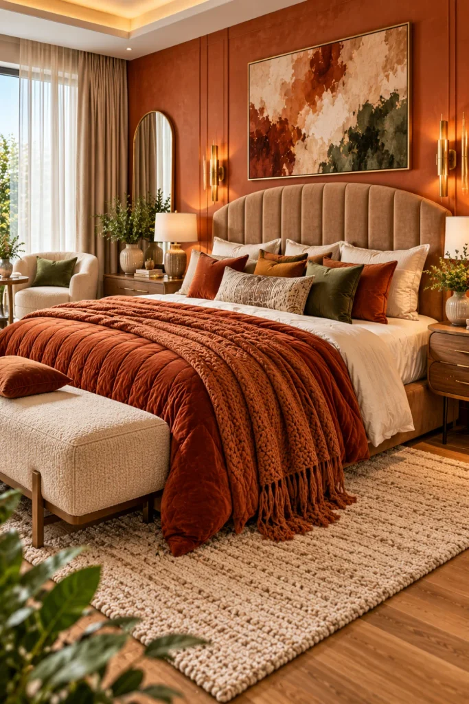 Terracotta bedroom ideas with warm clay-colored bedding, textured cream linens, natural oak furniture, an earthy accent wall, soft ambient lighting, and modern luxury decor.