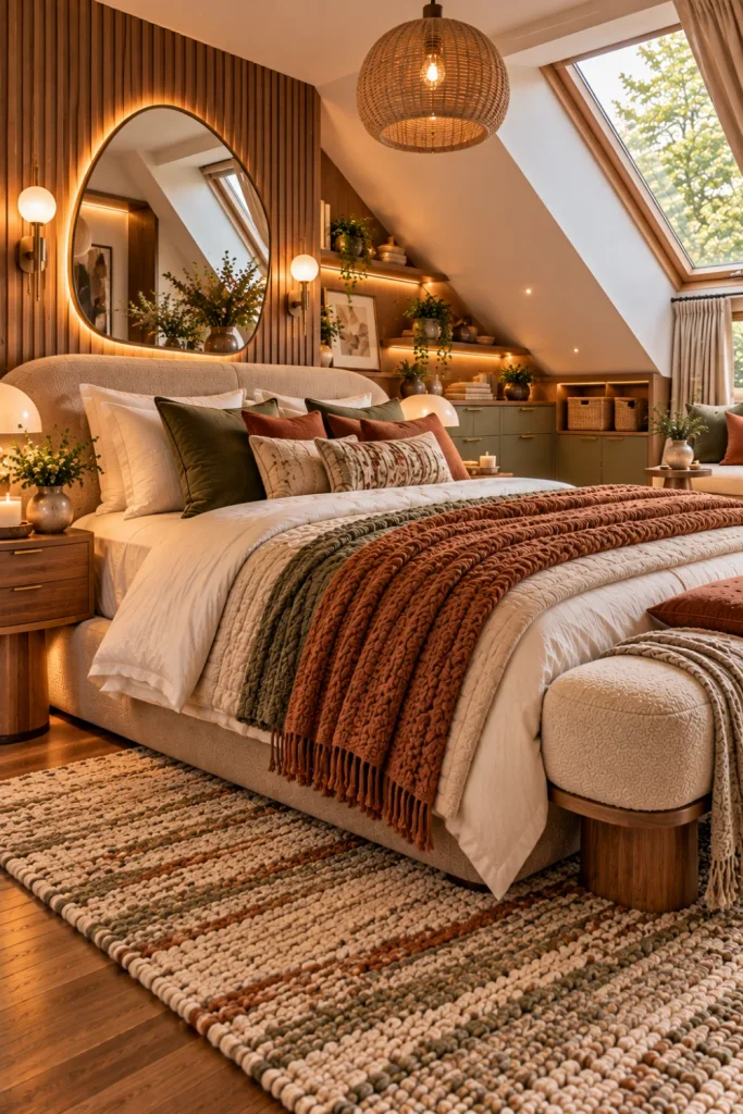 Textured attic bedroom with boucle pillows, layered linen bedding, chunky throw, wool rug, walnut furniture, woven storage, and modern warm lighting.