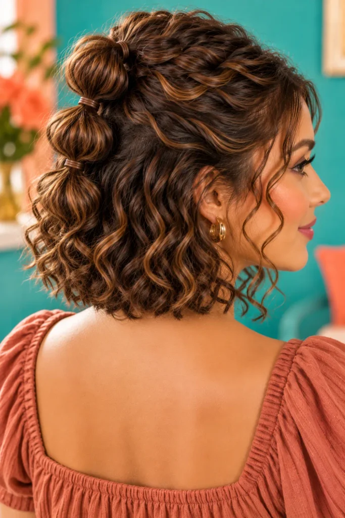 Textured half-up bubble braids on a naturally curly short bob with defined curls, voluminous bubble sections, and soft face-framing waves.