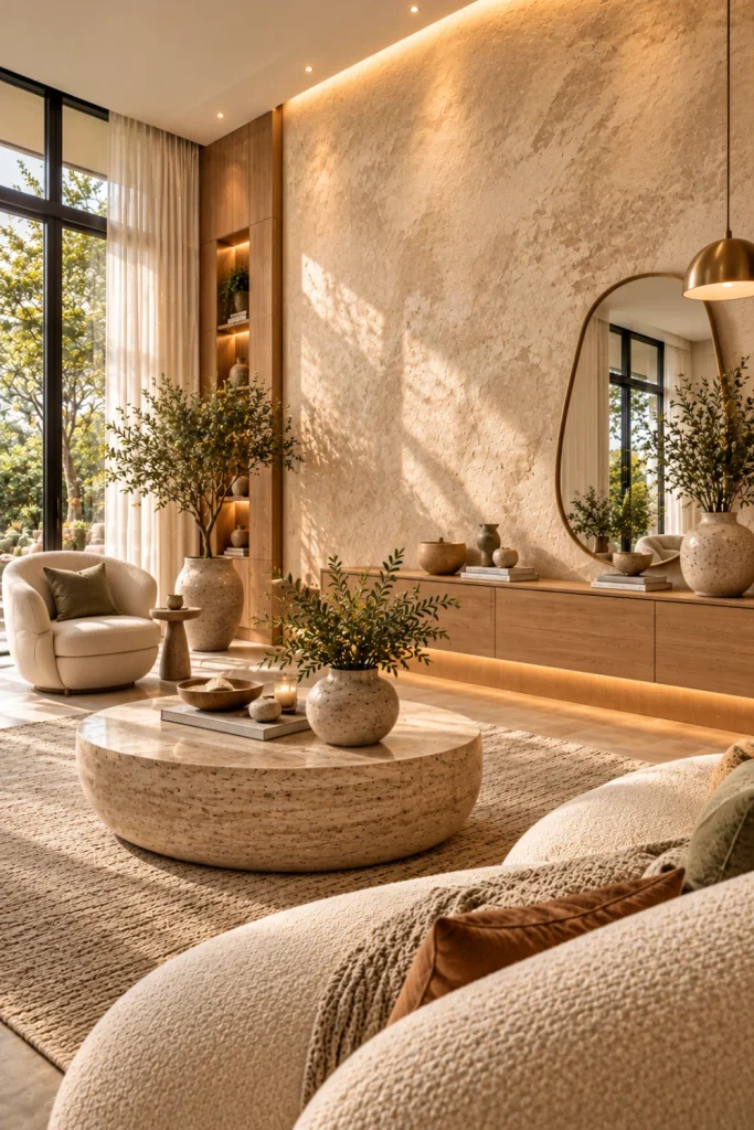 Calm luxury living room with a textured warm beige limewash accent wall, sculptural ivory sofa, natural oak furniture, travertine accessories, soft linen curtains, and elegant layered lighting.
