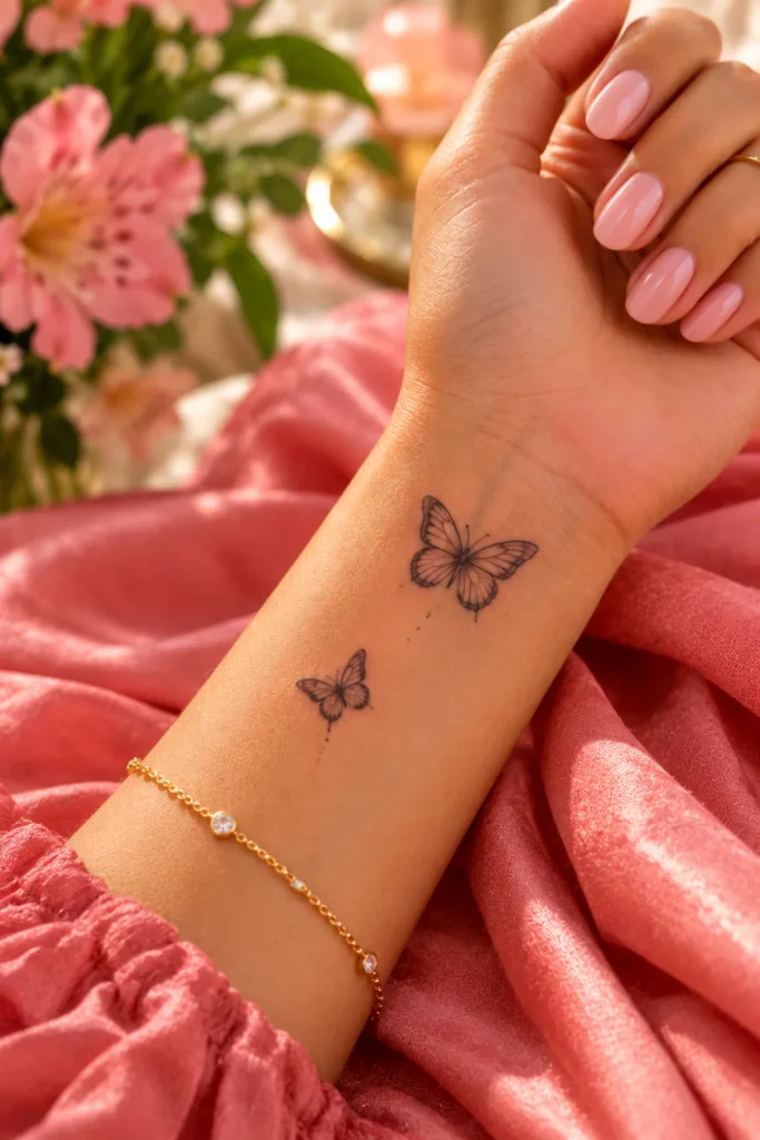 Tiny butterfly tattoo ideas featuring delicate fine-line butterfly outlines on a woman's wrist, with glossy blush-pink nails, elegant gold jewelry, and vibrant natural lighting.