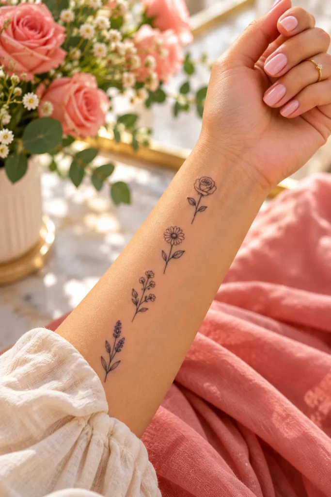 Tiny flower tattoo ideas featuring a fine-line rose, miniature daisy, delicate wildflower stem, and lavender sprig on a woman's forearm with elegant pink styling and natural light.