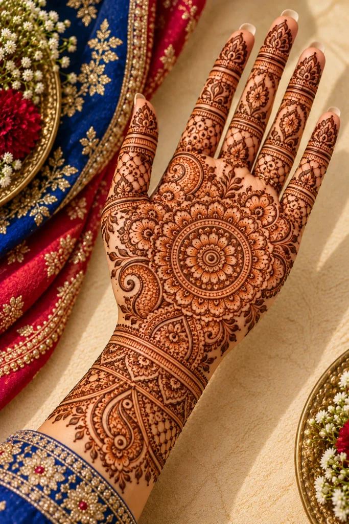 Traditional Rajasthani full-hand mandala mehndi design featuring intricate paisleys, floral borders, fine jaali latticework, geometric finger patterns, and detailed reddish-brown henna.