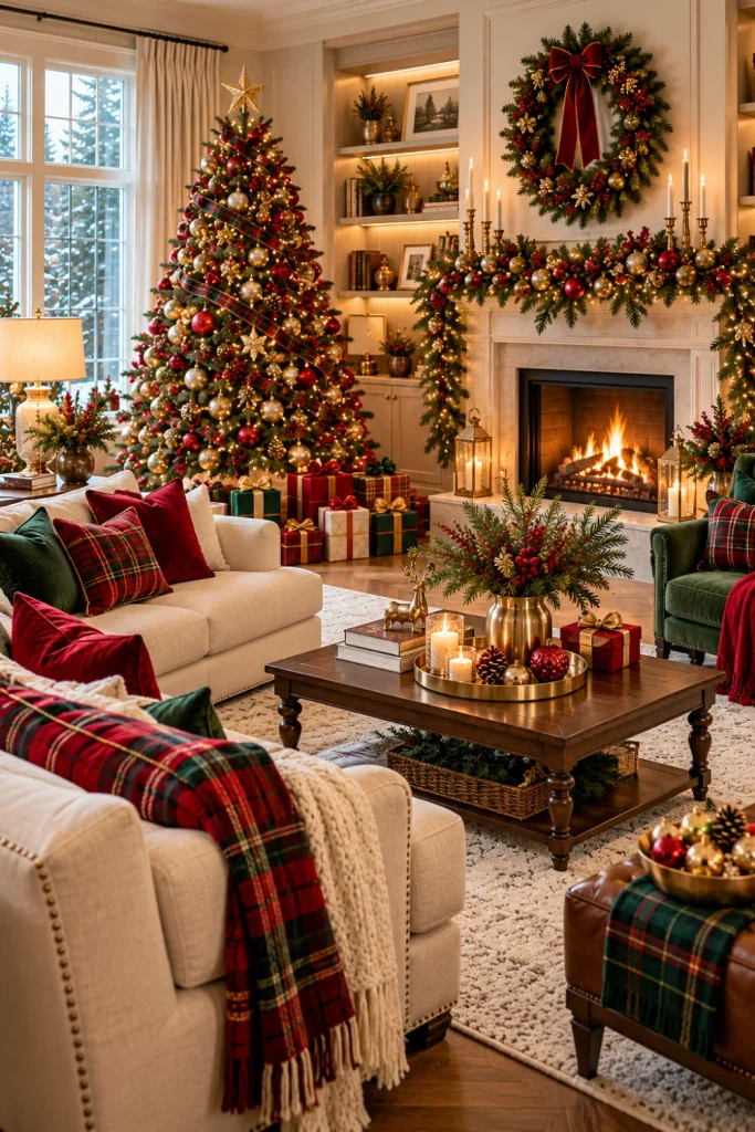 Traditional Christmas living room with a red, gold, and green decorated Christmas tree, tartan cushions, a green wreath with a red bow, and coordinated holiday gifts.