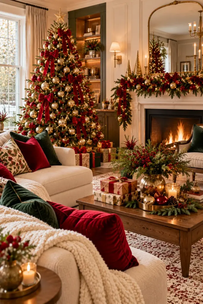 Traditional Christmas living room decorated with red velvet cushions, gold Christmas tree ornaments, lush evergreen garlands, warm fairy lights, classic festive ribbons and cozy cream upholstery.