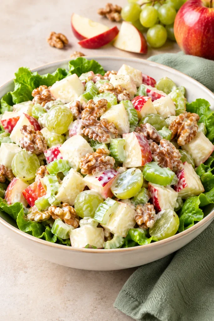 Traditional Waldorf fruit salad with crisp apples, halved grapes, celery, toasted walnuts, and creamy dressing served over fresh lettuce in an elegant bowl for potlucks and parties.