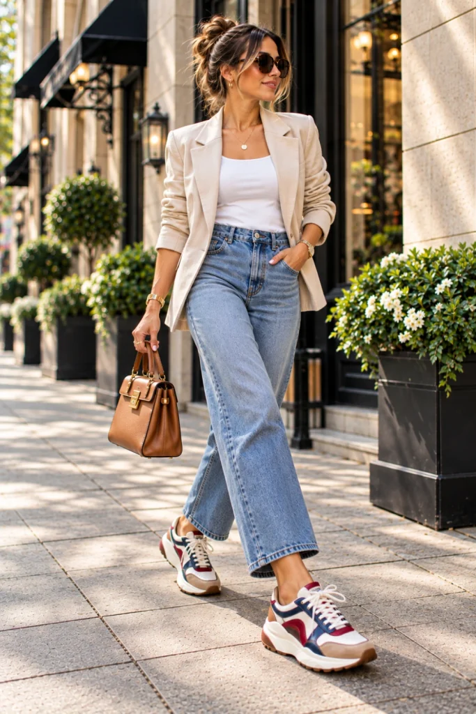 Stylish woman showcasing statement sneakers as the focal point of a modern sporty-chic outfit combining relaxed denim, tailored layers, contemporary accessories, and polished modern hair.