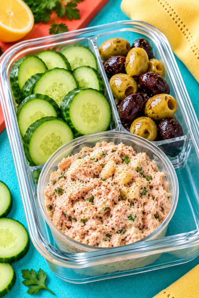 Tuna and cucumber keto snack box with drained tuna mixed with mayonnaise and lemon juice, thick cucumber rounds, and olives for a quick low-carb snack.
