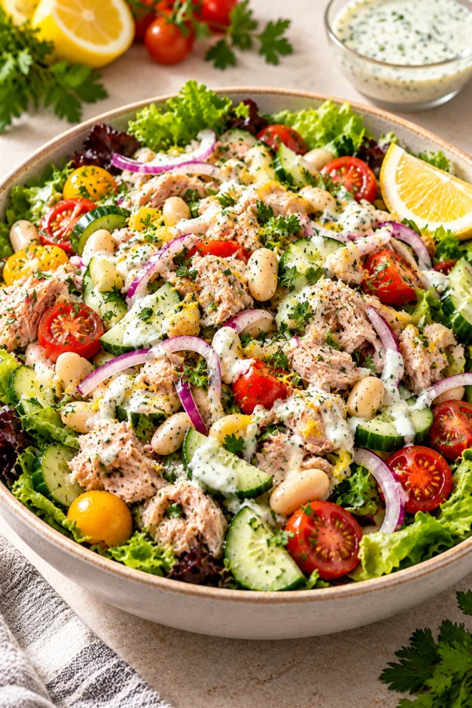 Tuna and white bean crunch salad with leafy greens, cucumber, tomatoes, red onion, parsley, white beans, tuna, and light lemon-yogurt dressing.
