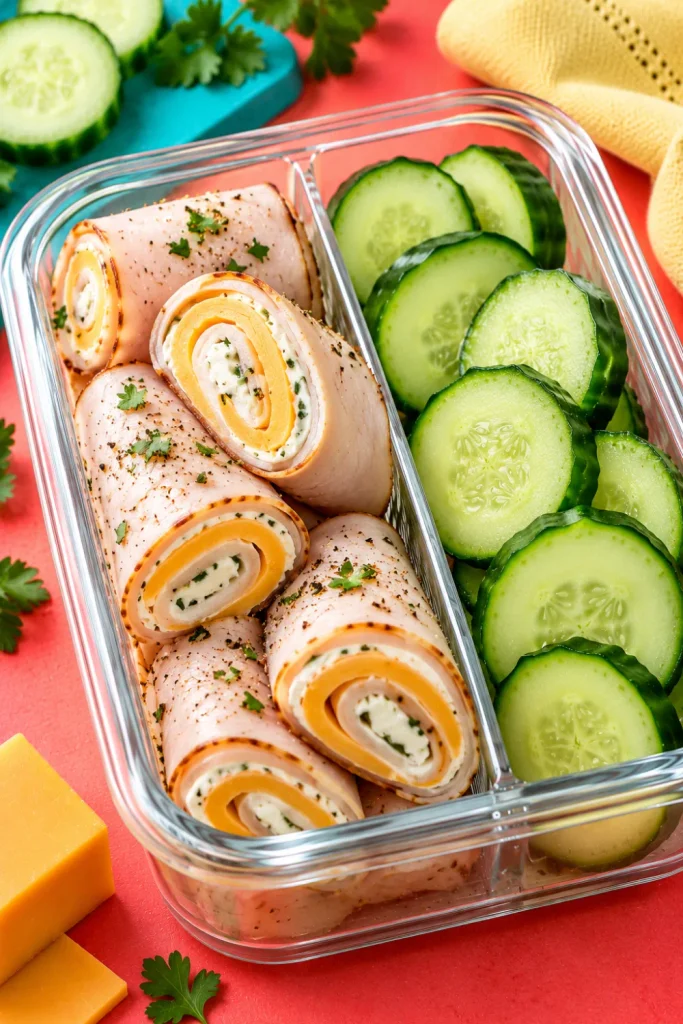 Turkey and cheese roll-up keto snack box with sliced turkey breast, Swiss cheese, cream cheese, and fresh cucumber rounds for easy low-carb meal prep.
