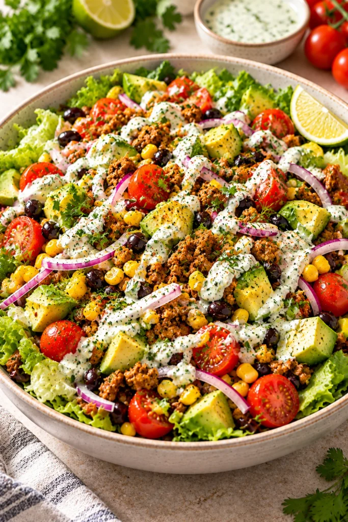 Turkey taco protein salad with seasoned lean turkey, romaine, black beans, corn, tomatoes, red onion, avocado, and creamy Greek yogurt lime dressing.