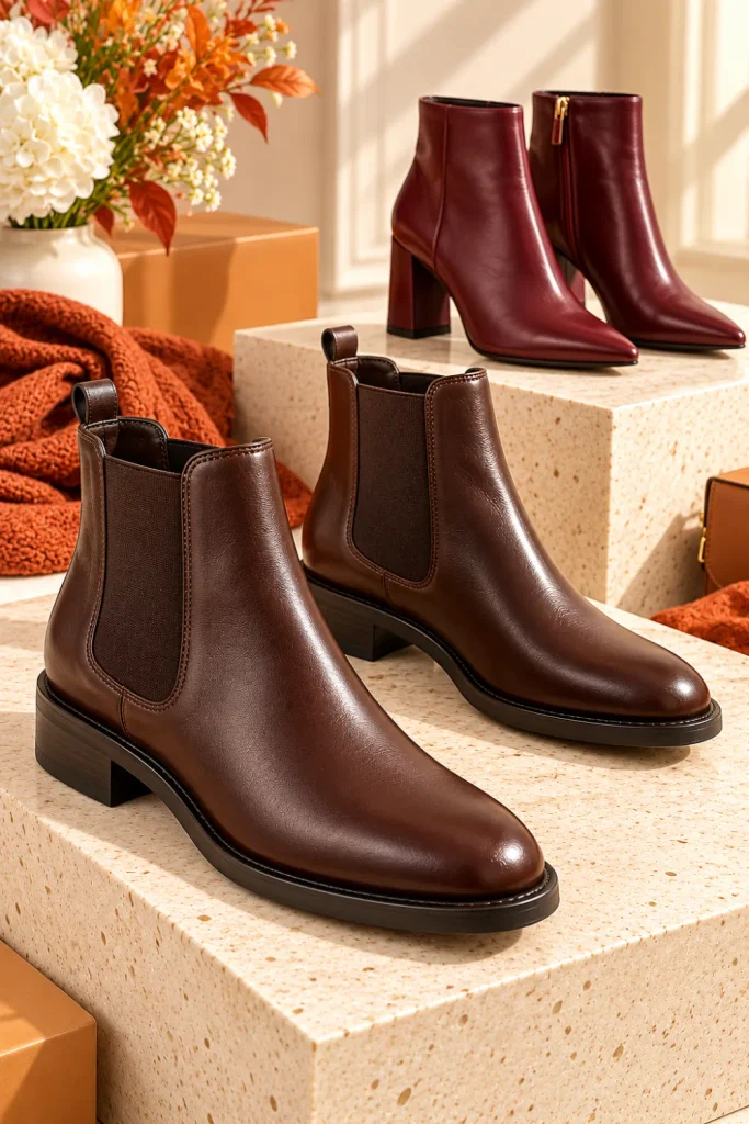 Women's dark chocolate-brown Chelsea ankle boots and elegant burgundy pointed-toe ankle boots with modern block heels displayed on cream pedestals for stylish fall and winter outfits.
