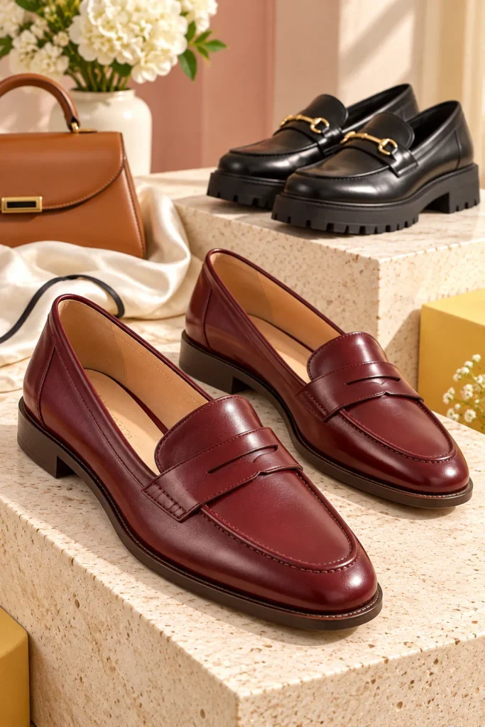 Contemporary women's loafers featuring polished burgundy penny loafers and chunky black leather loafers styled on cream display blocks for elegant smart-casual outfits.