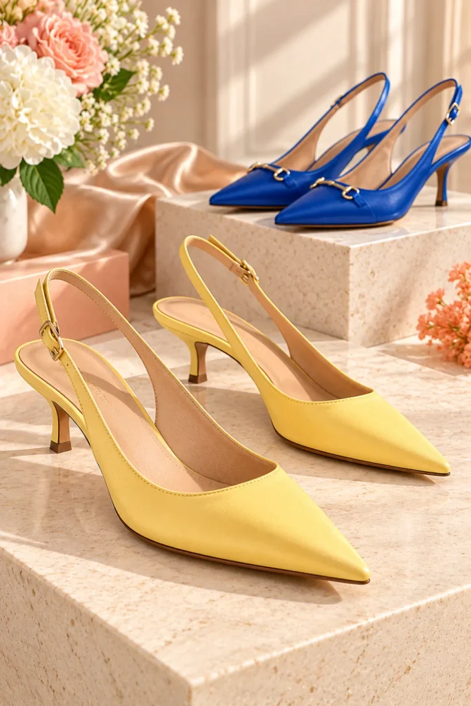 Elegant butter-yellow pointed-toe kitten heels and cobalt-blue slingback pumps with low heels, styled on warm ivory and peach display pedestals for sophisticated women's outfits.