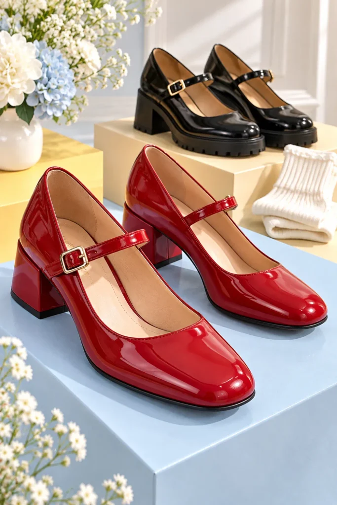 Glossy cherry-red and black patent women's Mary Jane shoes with adjustable straps, rounded-square toes, and contemporary chunky soles displayed in a colorful preppy fashion setting.