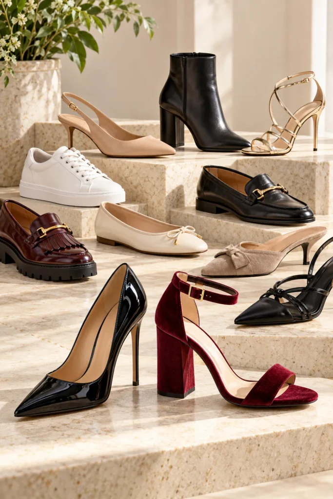 A stylish collection of women's shoes, including elegant high heels, ballet flats, white sneakers, ankle boots, loafers, sandals, and knee-high boots in modern colors and designs.