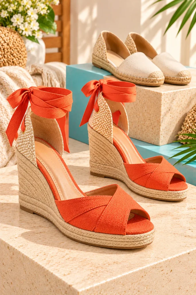Stylish women's coral espadrille wedges with natural jute soles and ivory flat espadrilles displayed on colorful summer-inspired pedestals for vacation outfits and elegant warm-weather styling.