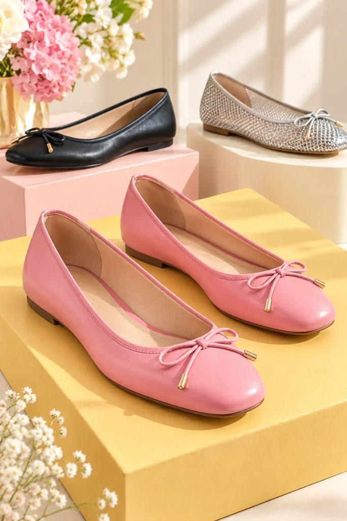 Stylish women's ballet flats in black leather, powder pink mesh, and metallic silver are arranged on colorful pedestals for elegant everyday outfit inspiration.