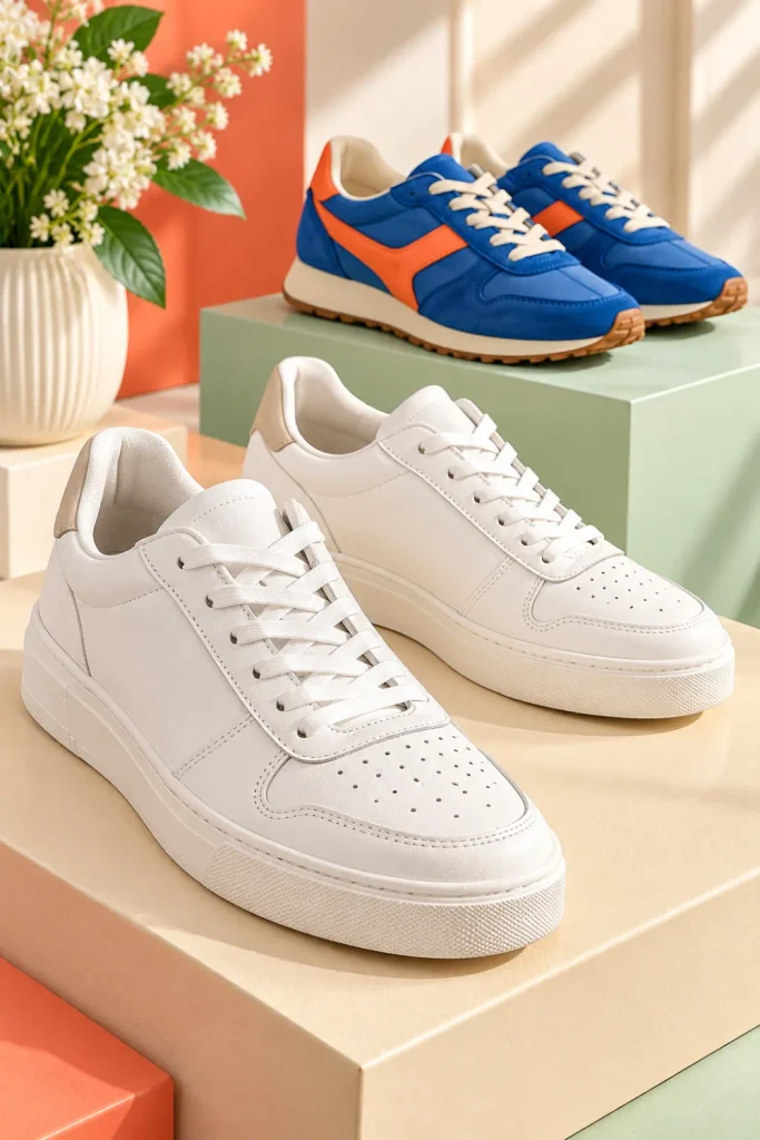 Stylish women's white leather sneakers and colorful retro trainers in cobalt blue and coral orange, displayed on minimalist pastel pedestals for modern casual outfit inspiration.