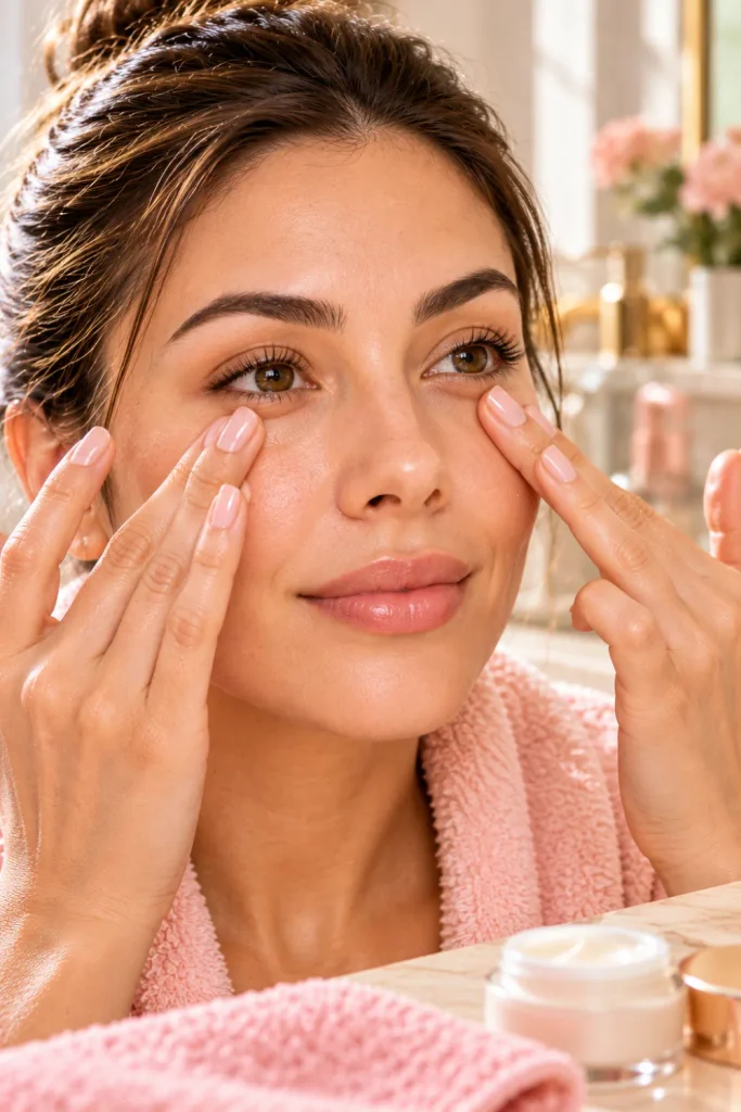 Close-up of a woman gently tapping beneath her eyes along the orbital bone with her ring fingers as part of a simple under-eye puffiness massage routine.