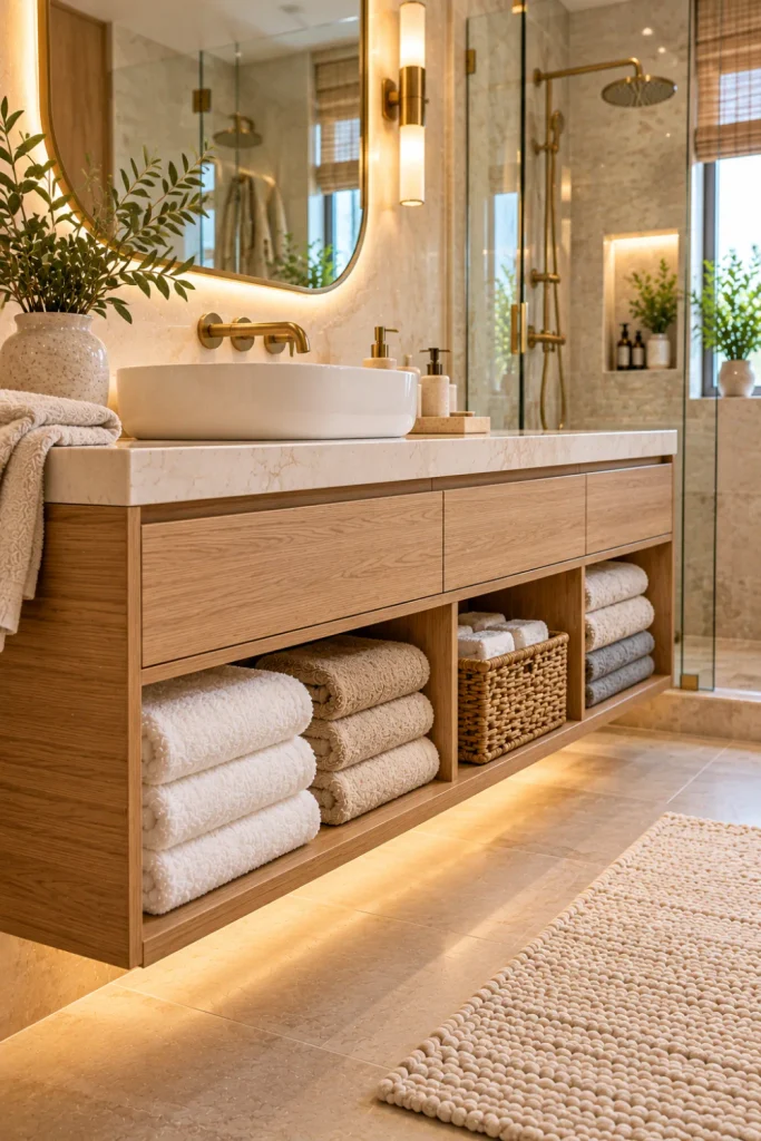 Under-vanity towel storage in a modern luxury bathroom featuring organized open oak compartments, neatly rolled ivory towels, concealed drawers, a floating vanity, and elegant neutral decor.