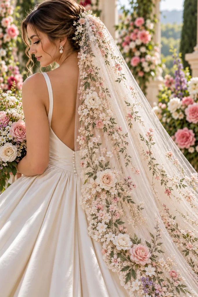 Custom floral bridal veil with personalized botanical embroidery, delicate ivory blossoms, subtle blush accents, and flowing sheer tulle paired with a contemporary wedding gown.