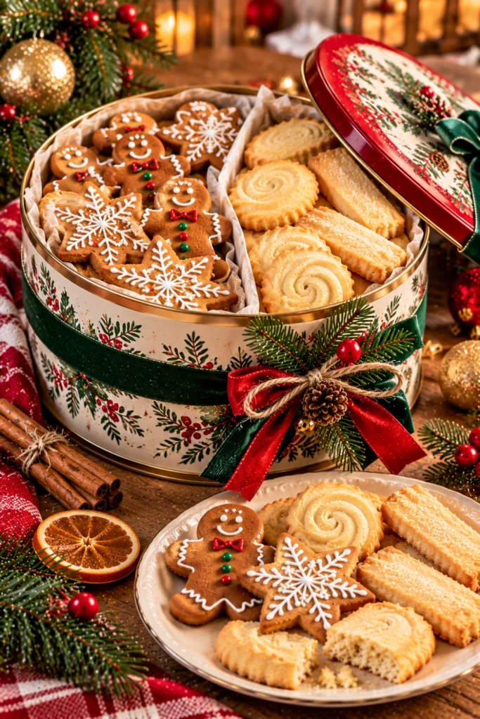 Upcycled Christmas cookie tin filled with homemade gingerbread stars, iced gingerbread people, and golden buttery shortbread, decorated with cranberry-red and emerald-green ribbon for festive gifting.