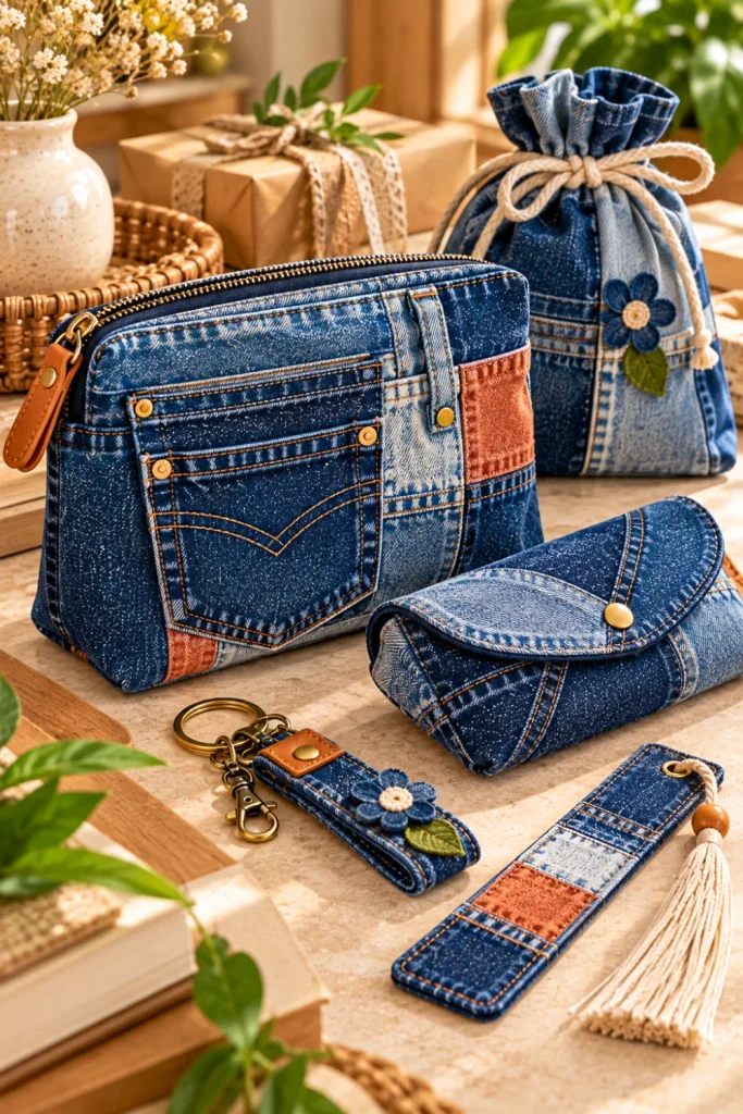 Upcycled denim gifts and accessories made from old jeans, including a zipper pouch, keychain, glasses case, bookmark, and gift bag for stylish DIY projects from old jeans.