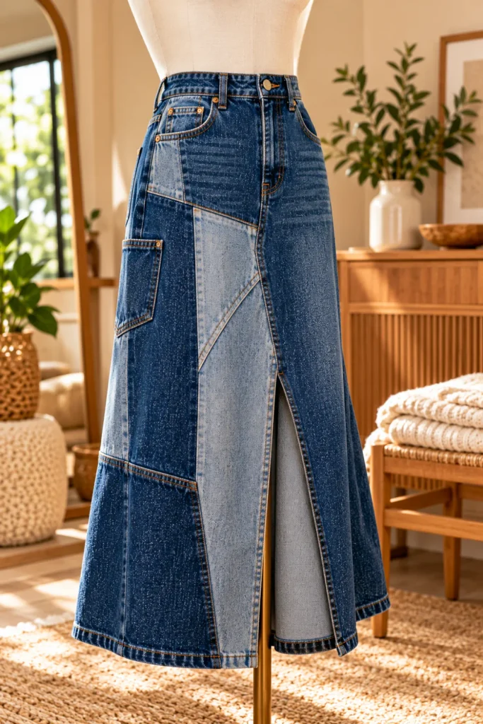 Upcycled denim skirt made from old jeans with indigo patchwork panels, original pockets, and a modern front slit for stylish DIY projects from old jeans.