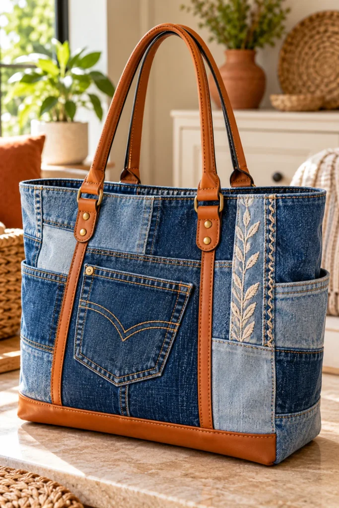 Stylish DIY Projects From Old Jeans features a modern upcycled denim tote bag with patchwork panels, an original pocket, sturdy handles, and contemporary 2026 styling.