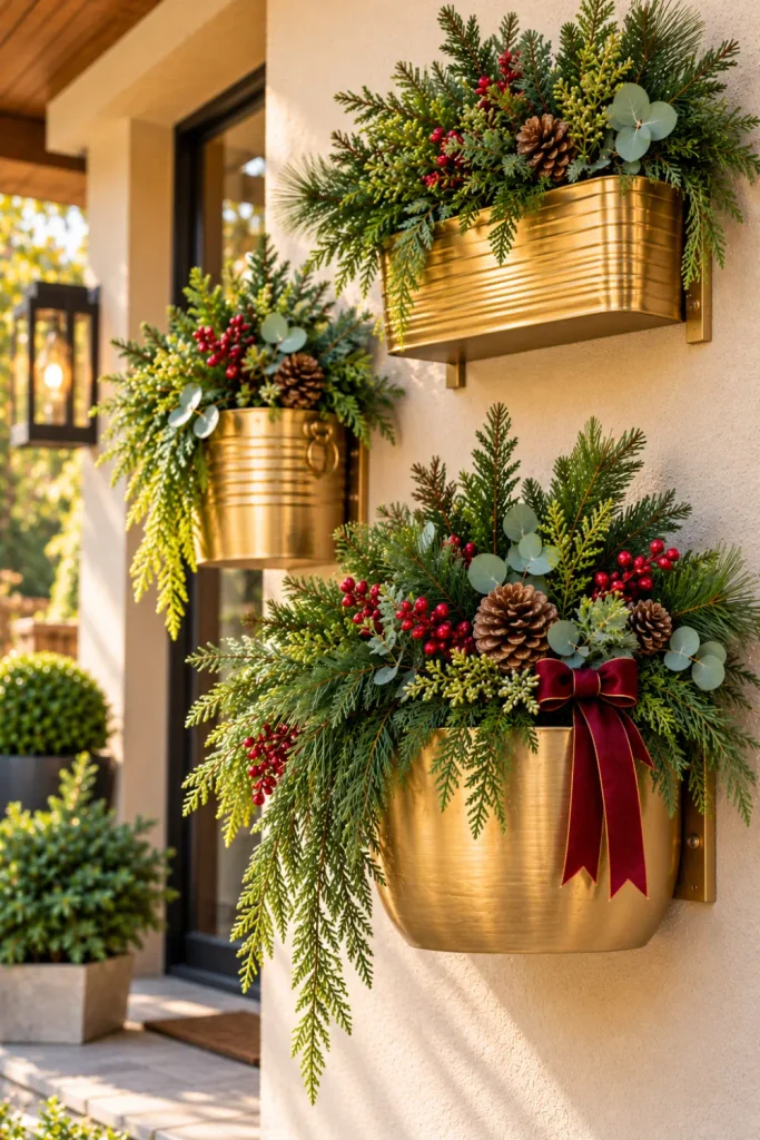 Budget-friendly upcycled gold wall planters made from repurposed containers and filled with lush evergreen Christmas foliage, displayed on a modern garden wall for affordable festive outdoor decorating.