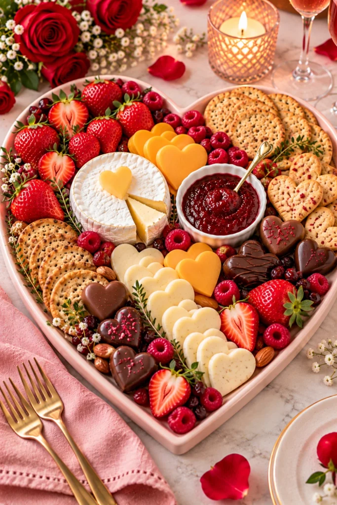 Valentine's Day romantic charcuterie board ideas for date night with heart-shaped cheddar, strawberries, raspberries, chocolate hearts, crackers, and raspberry jam.