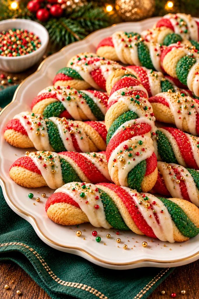 Vanilla-glazed red and green Christmas twist cookies decorated with edible gold sprinkles, arranged on a white ceramic platter with elegant evergreen and champagne-gold holiday accents.