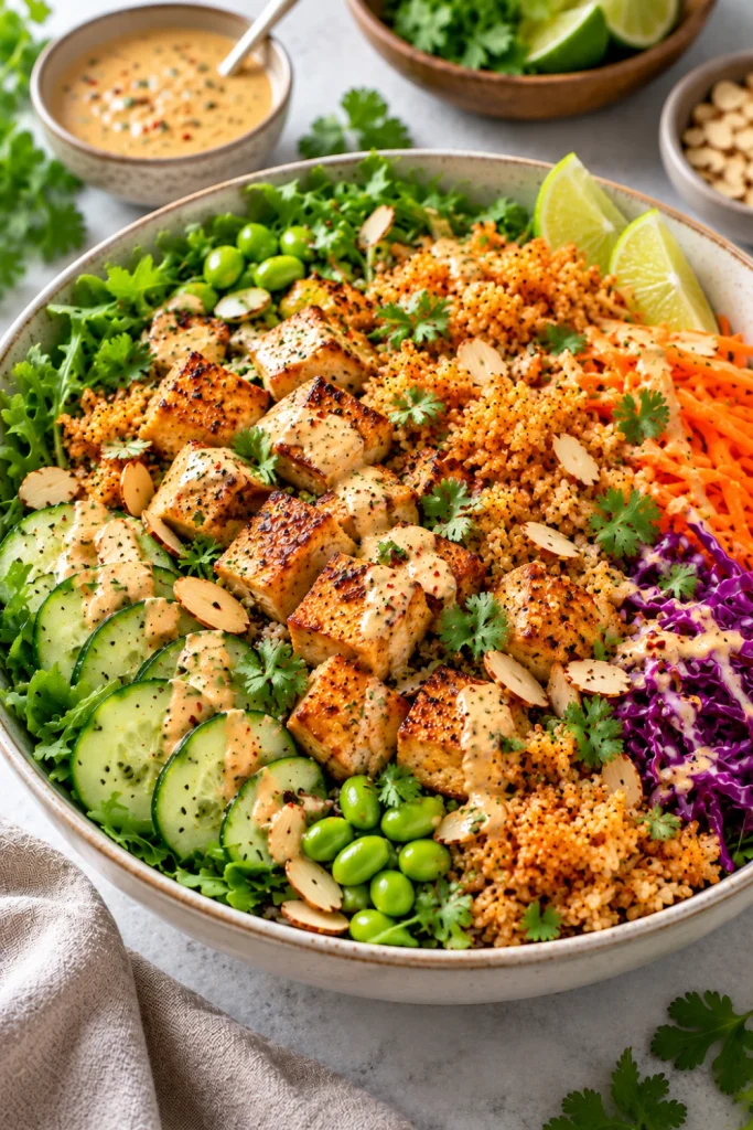 Vibrant vegan Sweetgreen-inspired crispy rice salad with golden crispy tofu, edamame, arugula, cucumber, cabbage, carrots, cilantro, almonds, lime, and creamy vegan cashew dressing.