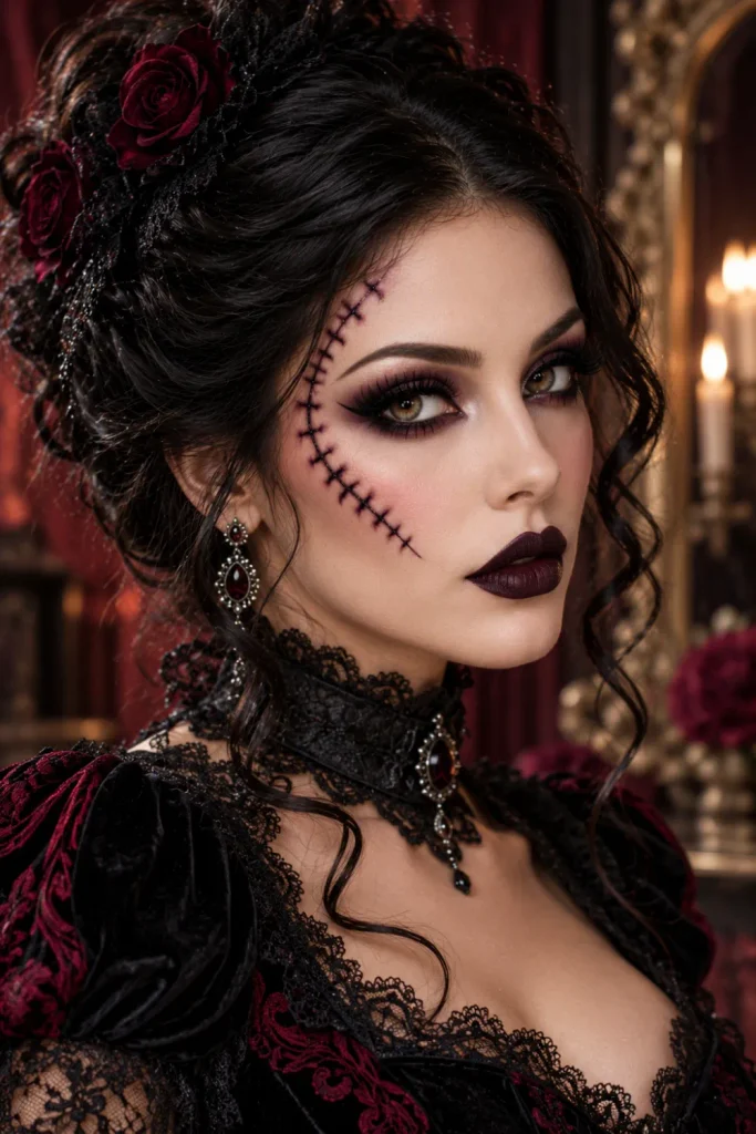 Victorian gothic stitched Halloween makeup featuring charcoal smoky eyes, deep plum lipstick, porcelain-inspired skin, fine stitched temple details, black lace, and elegant dark romantic styling.