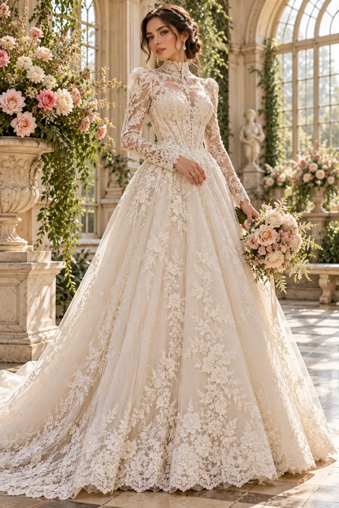 Victorian-inspired romantic bridal dress featuring an ivory lace corset bodice, high neckline, fitted long sleeves, covered buttons, and an elegant flowing skirt.