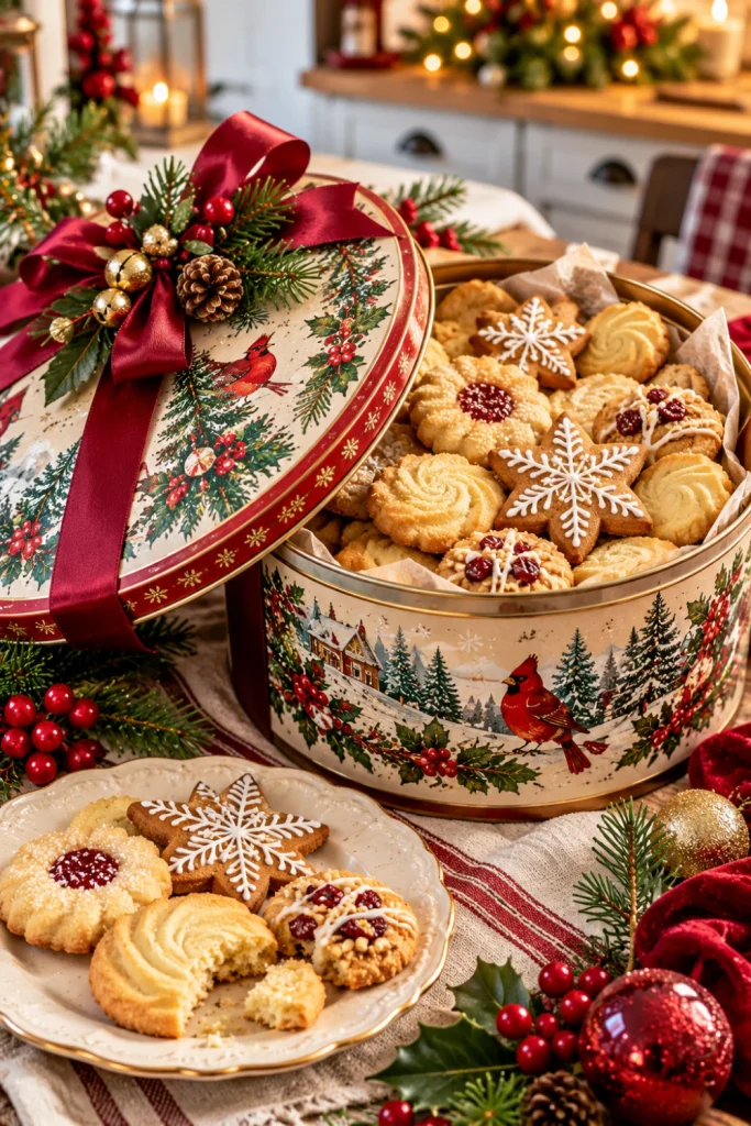 Vintage Christmas cookie tin makeover with retro holiday illustrations, burgundy satin ribbon, golden butter cookies, gingerbread stars, and elegant upcycled homemade Christmas gift styling.