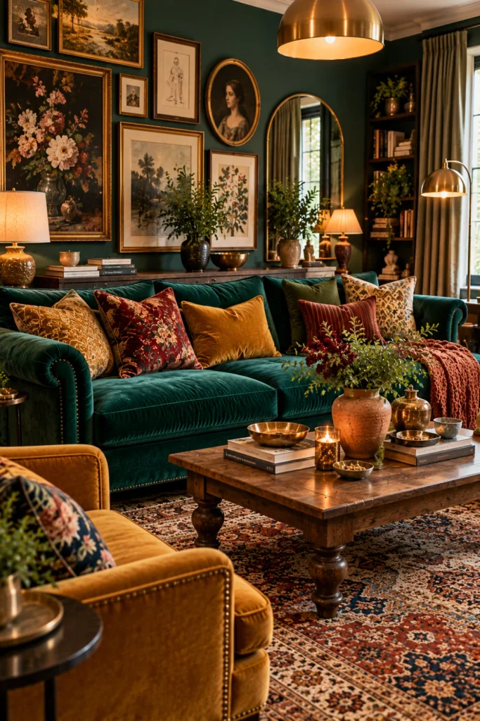 Vintage eclectic living room with a jewel-toned velvet sofa, patterned cushions, a colorful layered rug, antique-inspired walnut furniture, eclectic wall art, brass accents, and cozy contemporary lighting.