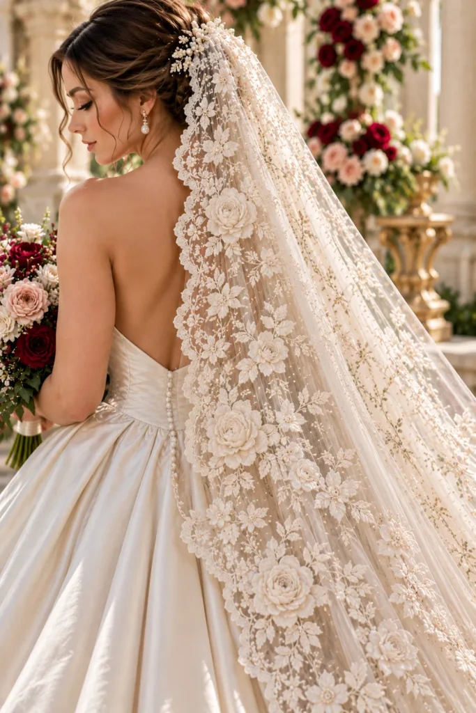 Vintage-inspired ivory floral bridal veil with intricate lace embroidery, scalloped edges, and heirloom-style botanical details styled with a classic bridal gown and elegant low bun.