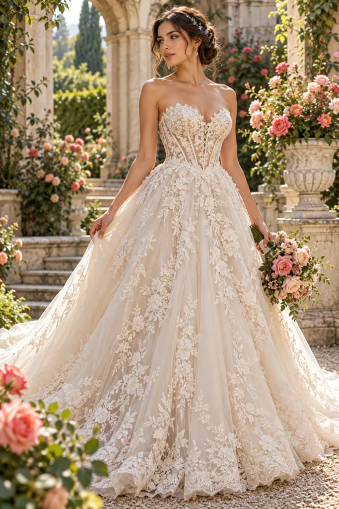 Romantic vintage lace corset wedding gown with intricate ivory floral embroidery, a structured bodice, and a flowing tulle skirt in an elegant garden setting.