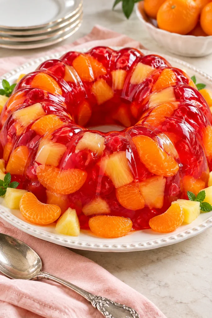 Vintage molded red gelatin fruit salad with visible pineapple tidbits and mandarin orange segments in a decorative ring mold on a white serving platter for nostalgic potlucks and holiday parties.