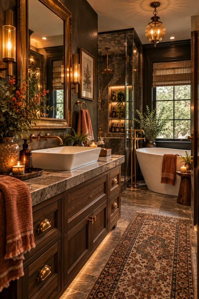 Luxury vintage moody bathroom with aged brass and bronze fixtures, warm ambient sconces, dark stone, wood accents, classic mirror, modern vanity, freestanding tub, and textured rug.