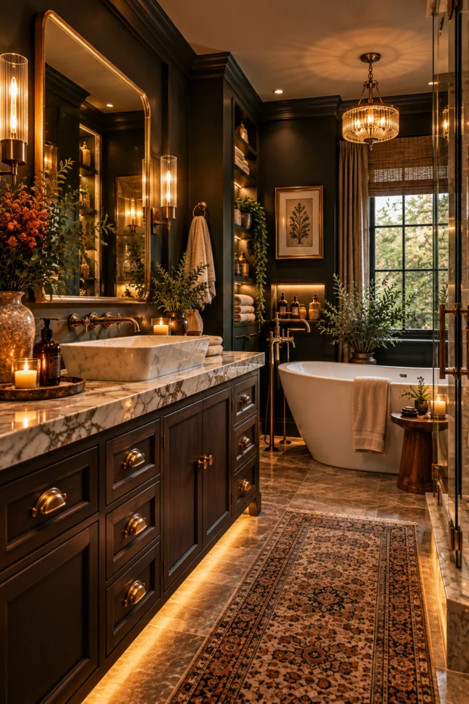 Moody boutique hotel bathroom with layered warm lighting, dark walls, brass fixtures, plush towels, vintage accessories, illuminated mirror, luxury bathtub, and modern vanity.