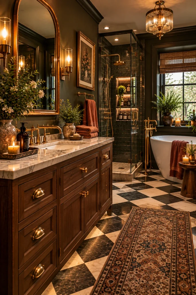 Elegant vintage moody bathroom with checkerboard tile, natural wood vanity, aged brass fittings, marble countertop, traditional framed mirror, warm lighting, and modern bathtub.