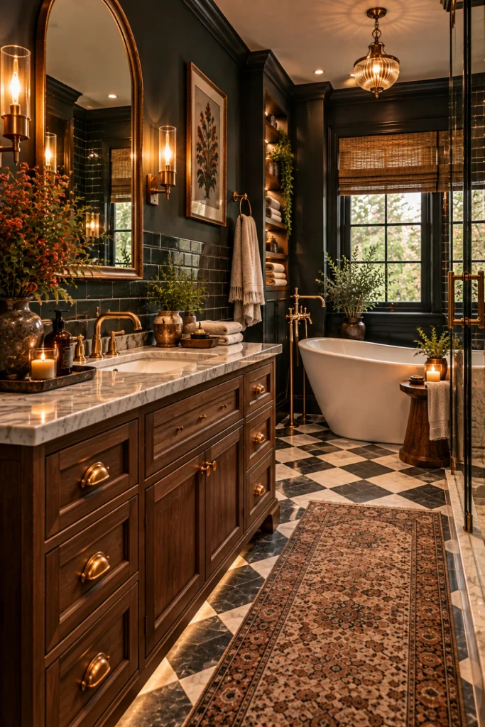 Modern vintage moody bathroom with dark charcoal walls, classic subway and checkerboard tile, natural wood vanity, aged brass hardware, marble counter, and warm luxury lighting.