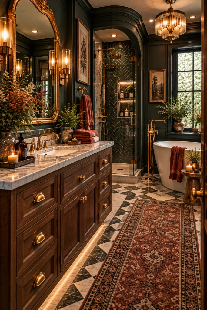 Dramatic vintage moody bathroom makeover with deep wall color, heritage fixtures, statement tile, natural wood, framed artwork, classic mirror, warm lighting, and modern storage.