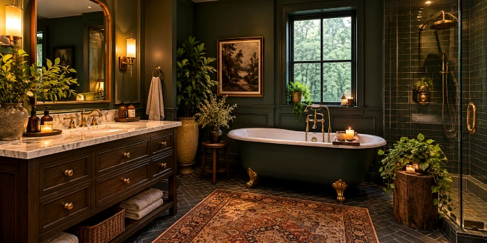Vintage moody bathroom with dark green walls, brass fixtures, marble vanity, clawfoot tub, warm lighting, plants, and elegant cozy luxury decor.